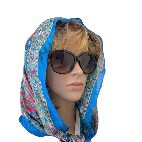 Vintage 100% Silk Scarf Shawl Head Wrap Blue approx. 70x18” - Picture 2 of 9